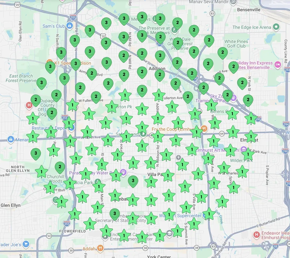 Geo-grid map covered in number 1 and number 2 ranking pins across the western suburbs